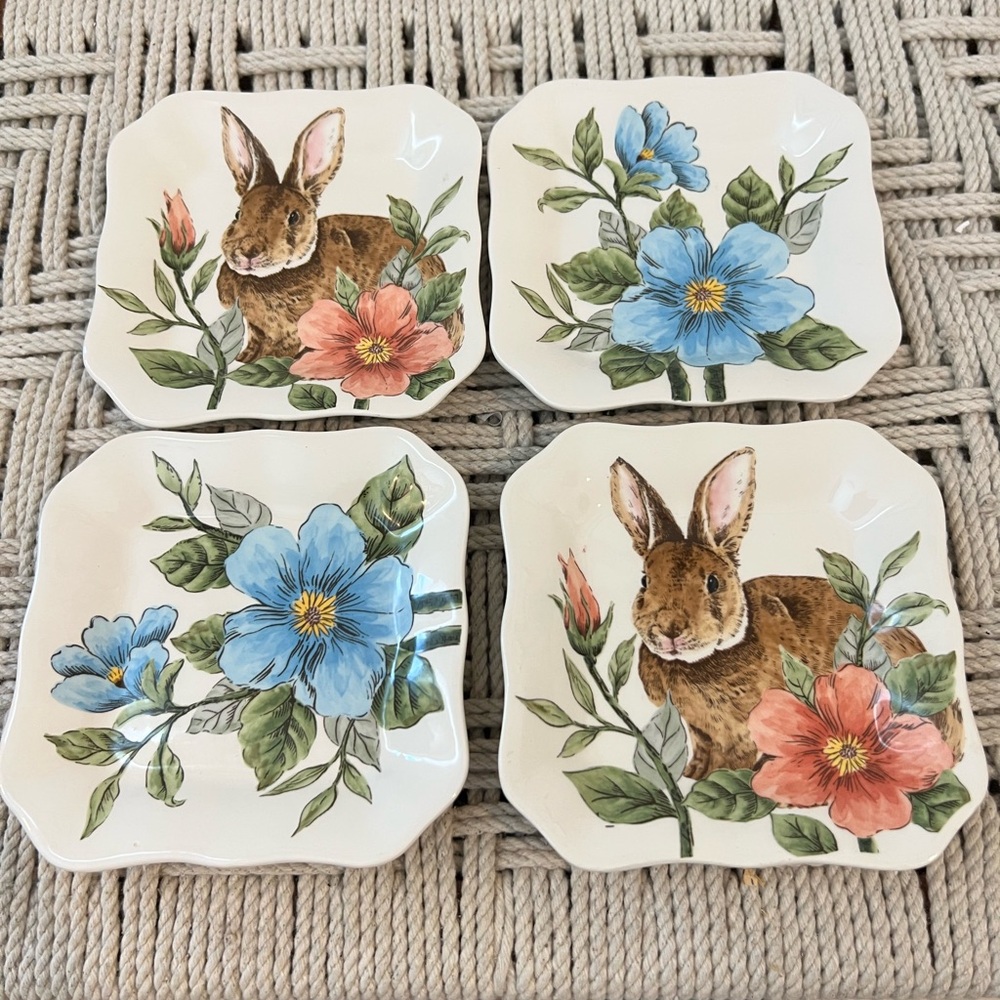 Maxcera Lot Of 4 Floral Rabbit Square appetizer or trinket dishes
